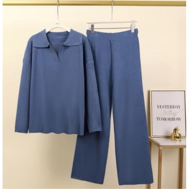 Women's Fall/Winter Oversized Set Polo-Neck Knit Pullover + Wide-Leg Pants Elegant Two-Piece Set