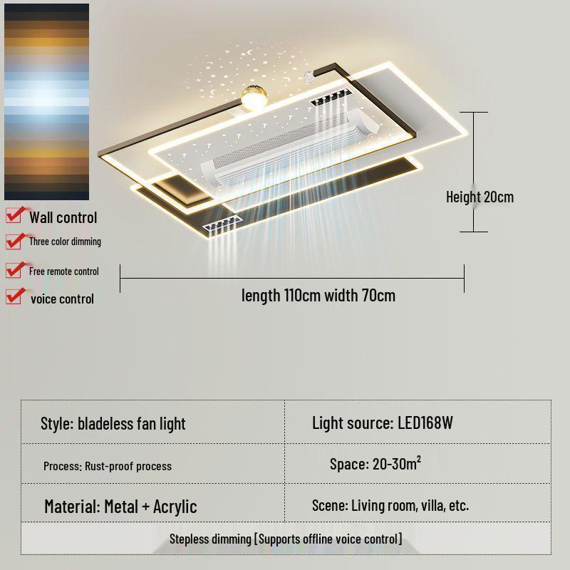 Smart Voice-Controlled Leafless Ceiling Fan Light for Living Room/Bedroom, Tricolor, Stepless Dimming, 110V.