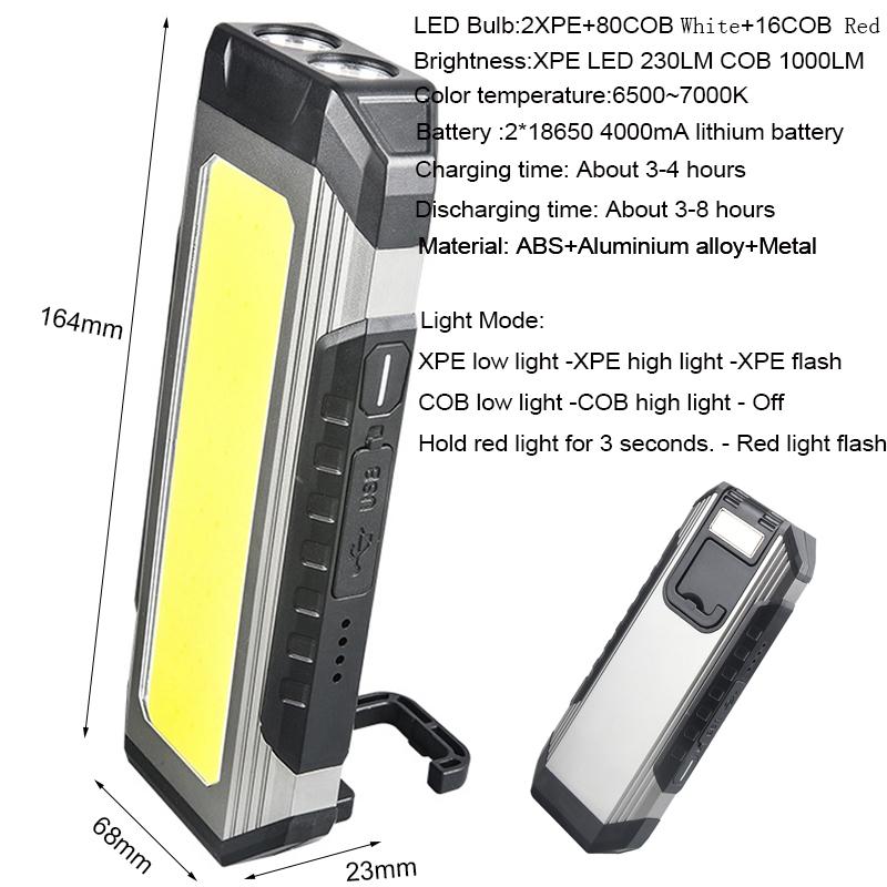 Professional COB XPE LED Pocket Emergency Flashlight 4000mA USB Fishing Floodlight Magnet Garage Inspection Lamp 180° Work Light
