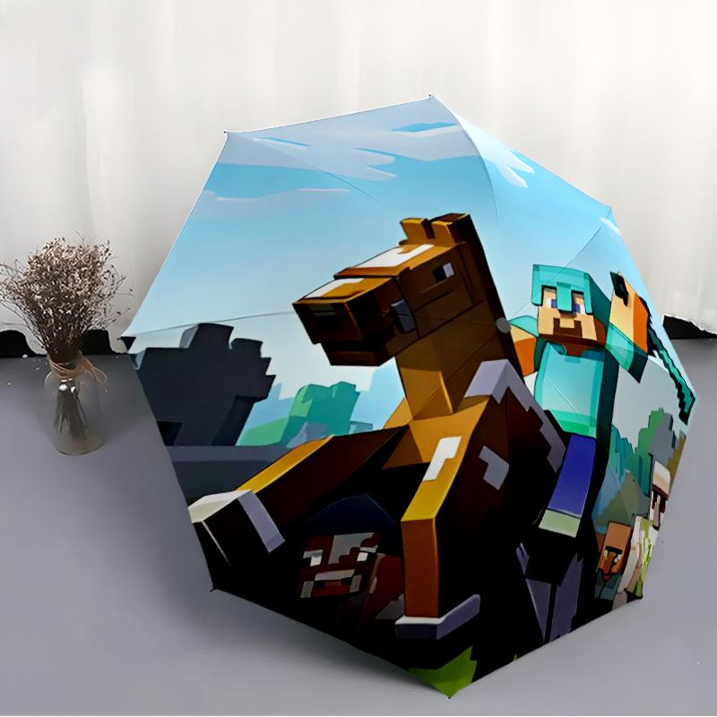 Minecraft5 Print Automatic Umbrella, 8 Rib Iron Frame, Plastic Handle, Suitable for Outdoor Travel &Daily , Ideal Gift