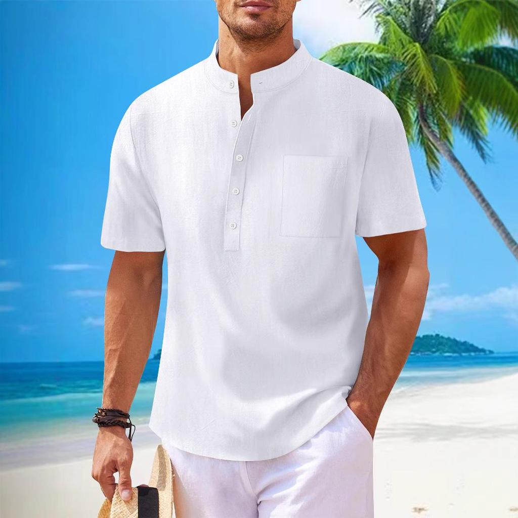 Men’s Cotton Linen Stand Collar Short Sleeve Henley Shirt - Casual & Versatile