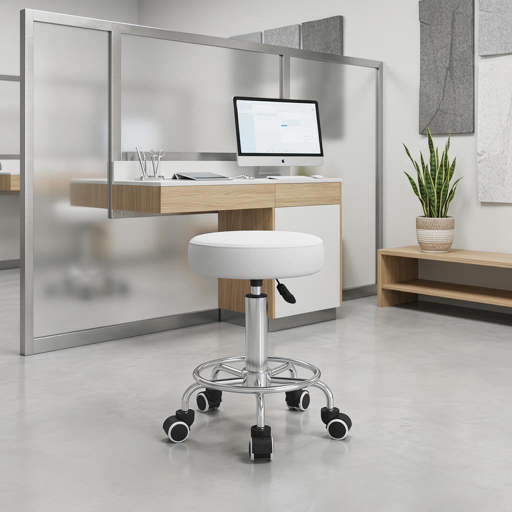 Salon Stool, Height-Adjustable, Faux Leather, Up To 110 Kg, Diameter 42x50-64H Cm, White