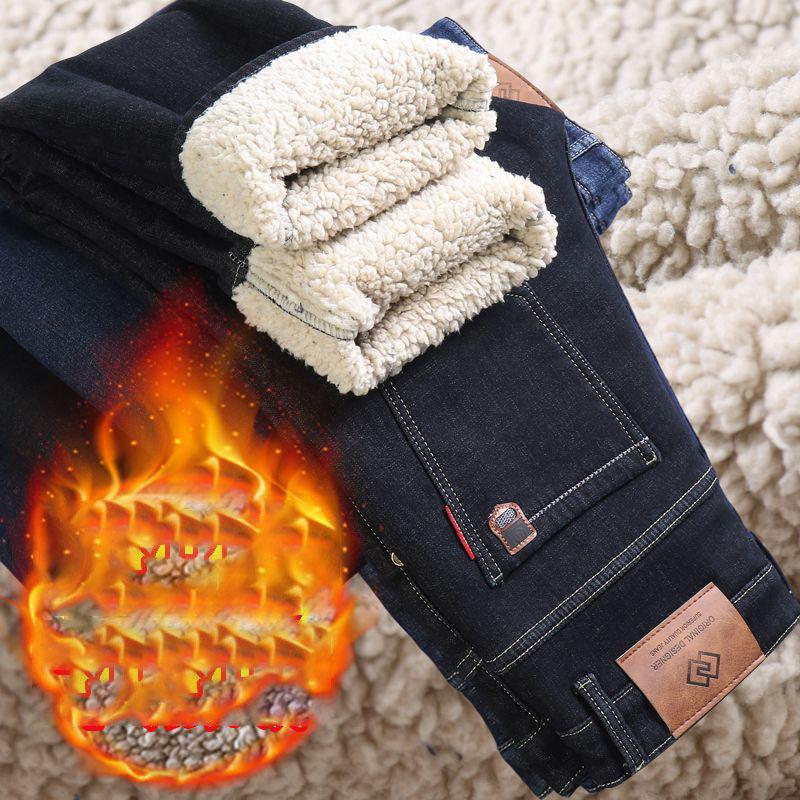 Zimní pánské teplé slim fit džíny business móda zahuštěné džínové kalhoty fleecové strečové značkové kalhoty černé modré