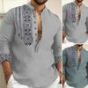 Men Spring Fall Shirt Stand Collar Half Single-breasted Vintage Ethnic Style Long Sleeve Pullover Slim Fit Print Mid Length Men Casual T-shirt