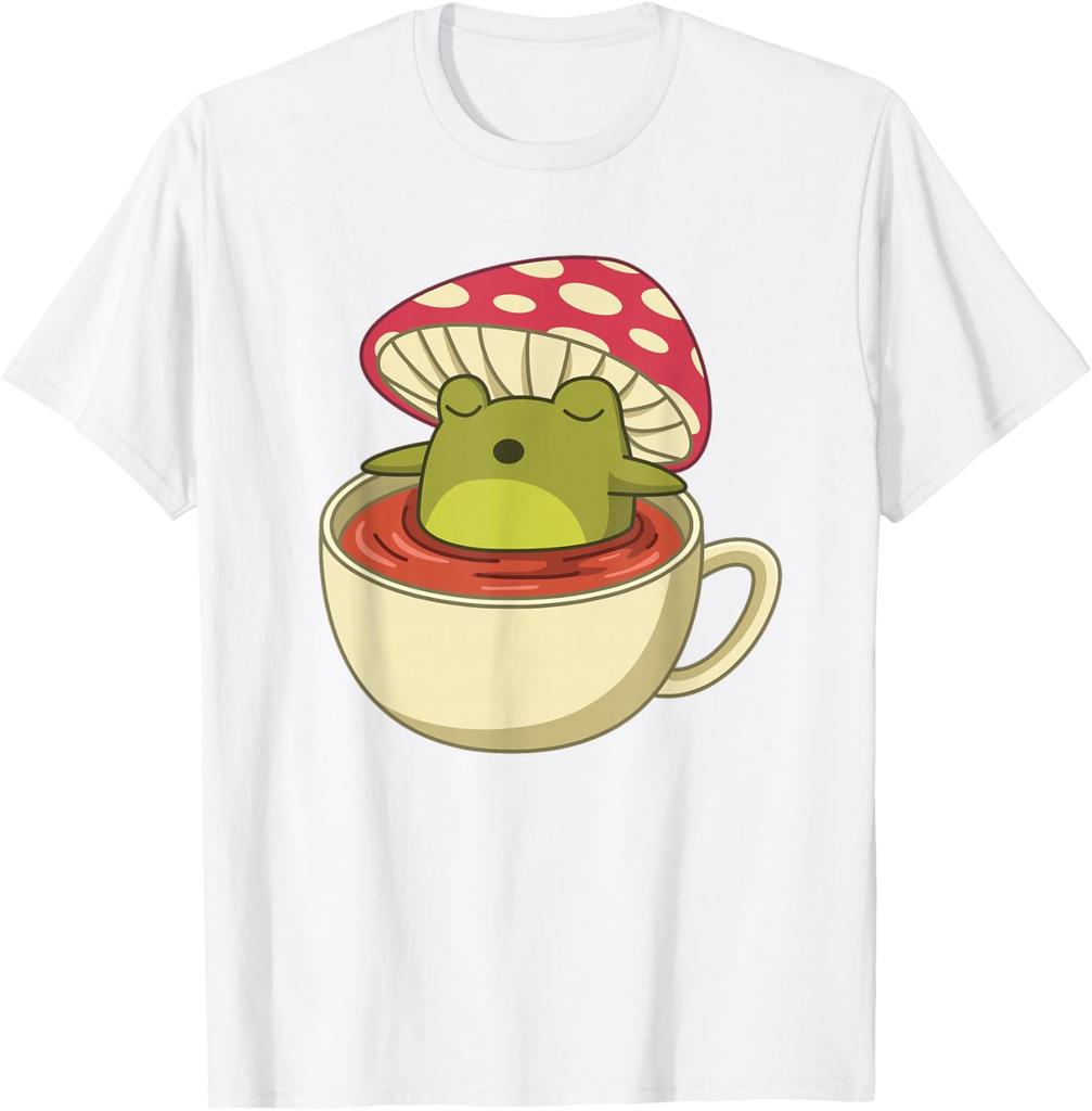 Cottagecore Frog In Tea Cup Mushroom Aesthetic Graphic Tee Shirt Casual Short Sleeve