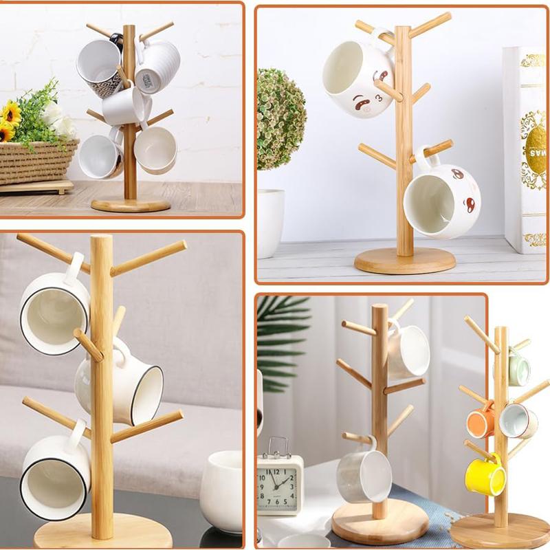 Bamboo Mug Holder 6 Hook Coffee Mug Tree Holder Mug Hanging Display Rack Drinkware Shelf Tea Cup Storage Holder Stand Kitchen To