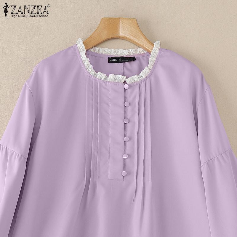 ZANZEA Women Casual Round Neck Loose Long Sleeve Blouse