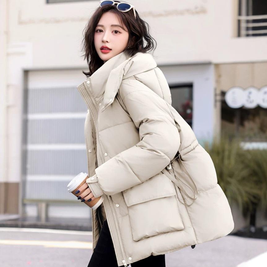 Waist hooded cotton clothes women's new medium and long loose thickened warm student winter coat tide
