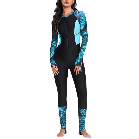 Sommer Surfing Badeanzug Reißverschluss Halbe Knopfleiste Langarm Druck Spleißen Einteiliger Bikini Schnelltrocknend Damen Monokini
