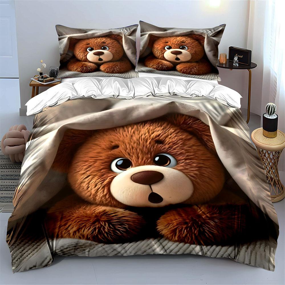 Plüsch-Teddybär unter weicher Decke Bedrucktes Bettwäsche-Set 1 Bettbezug + 2 Kissenbezüge verschiedene Größen Schlafzimmer Bettwäsche Dekor