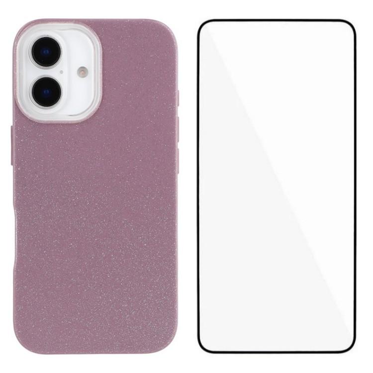 

WANLONFENG XL2 Series for iPhone 16 Case IMD Glitter TPU Phone Cover with Tempered Glass Film Purple