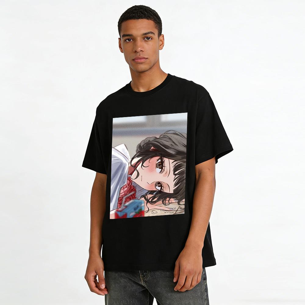 Anime Lazy Style Girl Print T-Shirt Campus Style Loose Top Casual Daily Wear For Teens Pure Cotton T-shirt