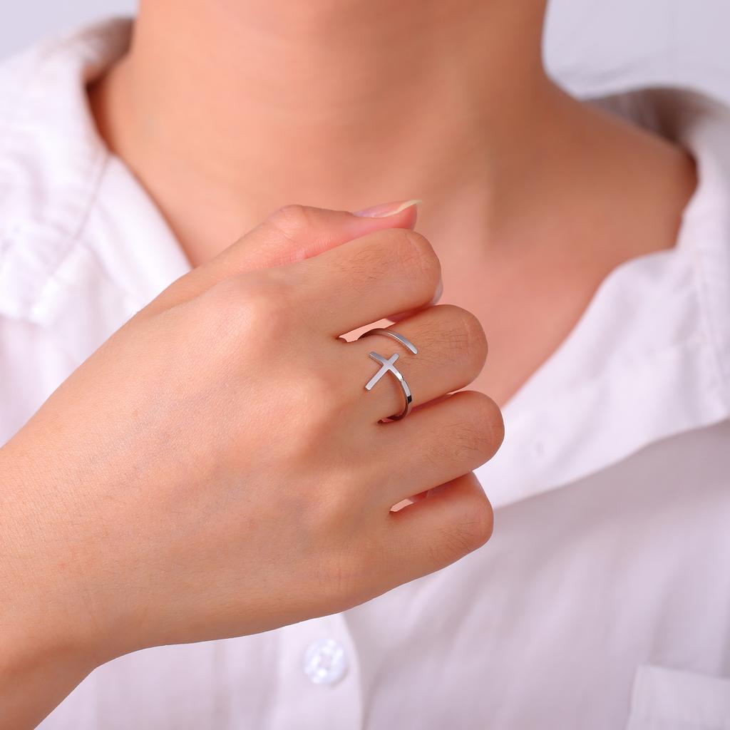 Cazador Christian Cross Open Rings for Women Stainless Steel Christian Jewelry Adjustable Finger Rings Birthday Valentine Gift