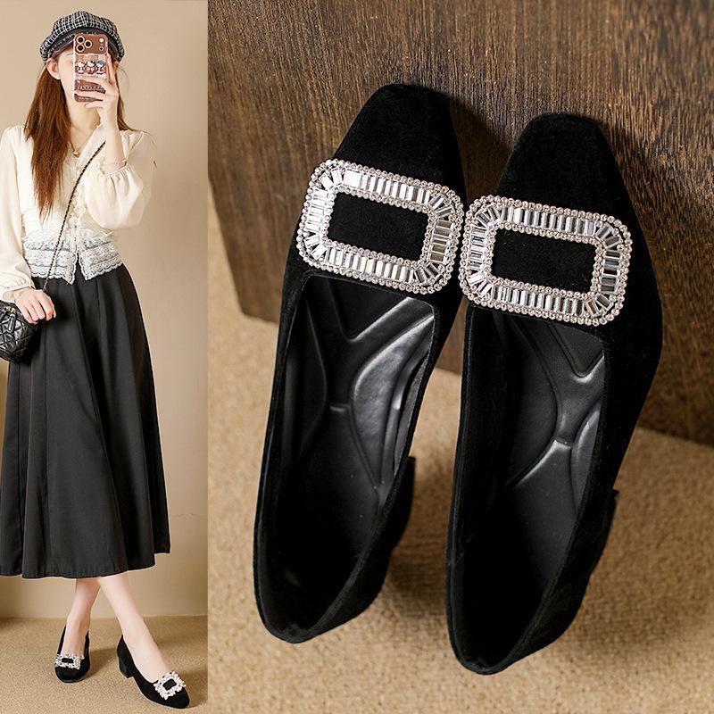 Spring new Korean inner heightening rhinestone square head shallow mouth single shoes gentle suede not tired feet shoes