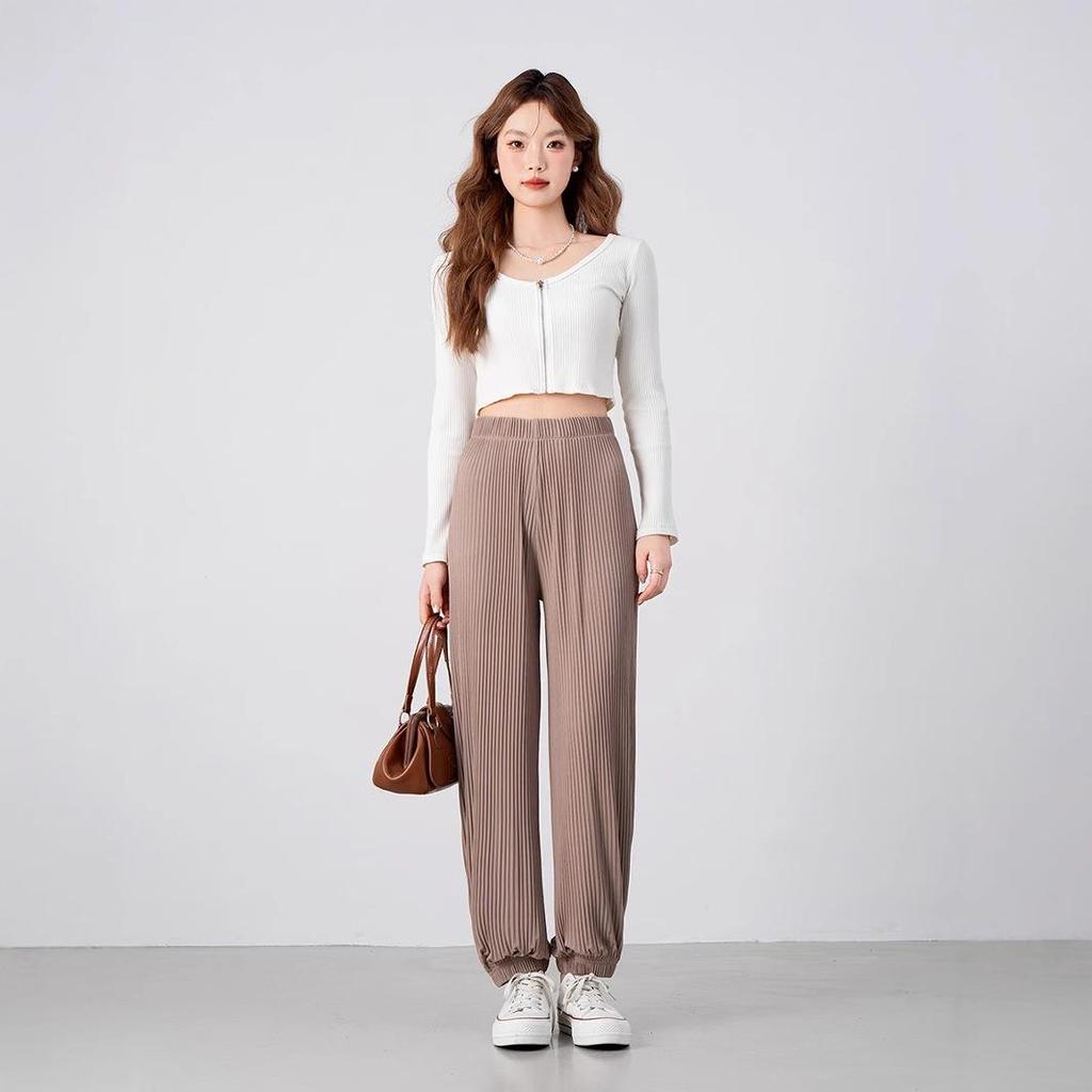 Women's Summer Ice Silk Pleated Wide-Leg Joggers: Slimming, Versatile & Loose-Fit Nine-Point Pants