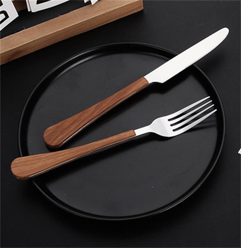 New Stainless Steel Cutlery Set with Imitation Wooden Handle Western Household Spoon Knife Fork Dinnerware Kitchen Tableware