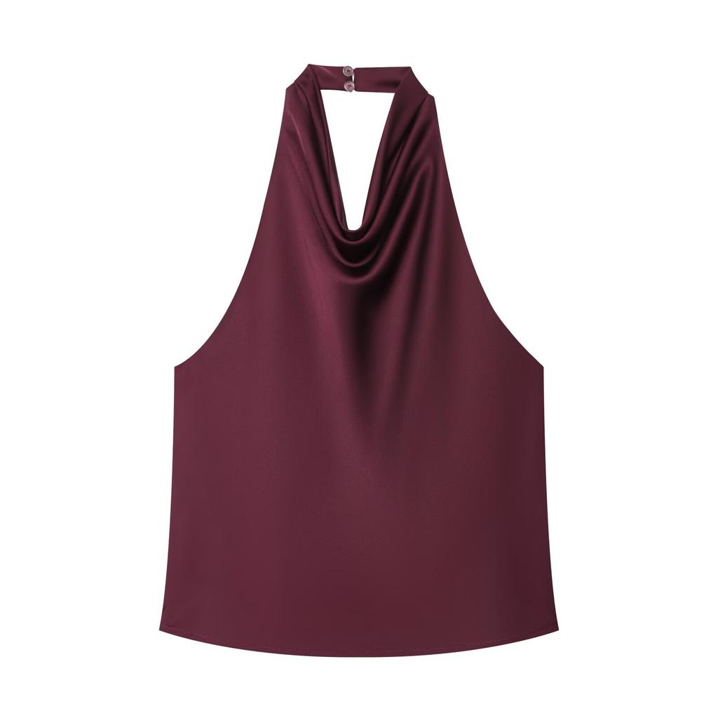 Style Européen et Américain Nouveaux Vêtements pour Femmes Sans Manches Tendance Satin Texturé Col Halter Top 2231399