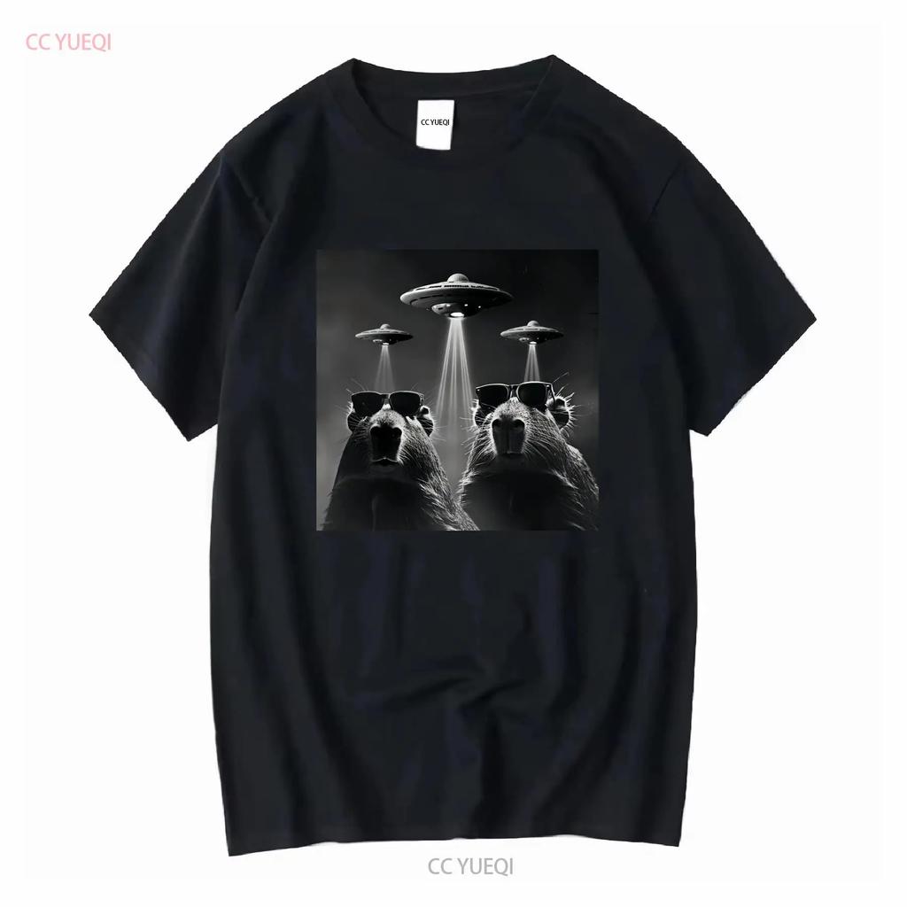 Capybara T Shirt Retro Selfie with UFO Funny Alien Plus Size 5xl 4xl 3xl Long or Short Sleeves Vintage Washed Stylish