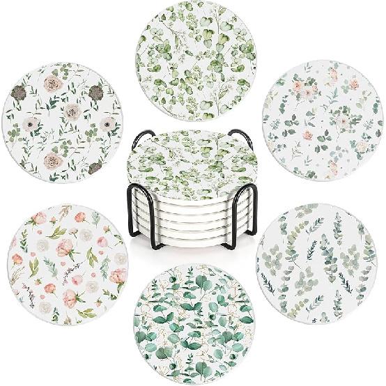 Drink Coasters Set of 6 with Holder, Cute Cats Absorbent Ceramic Coasters with Cork Base,Fit All Cups,Great Gift for Housewarming,Room