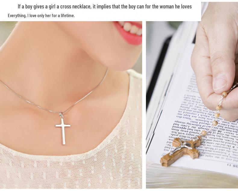 S925 Sterling Silver Smooth Cross Pendant Necklace for Men and Women - Versatile Long Sweater Chain