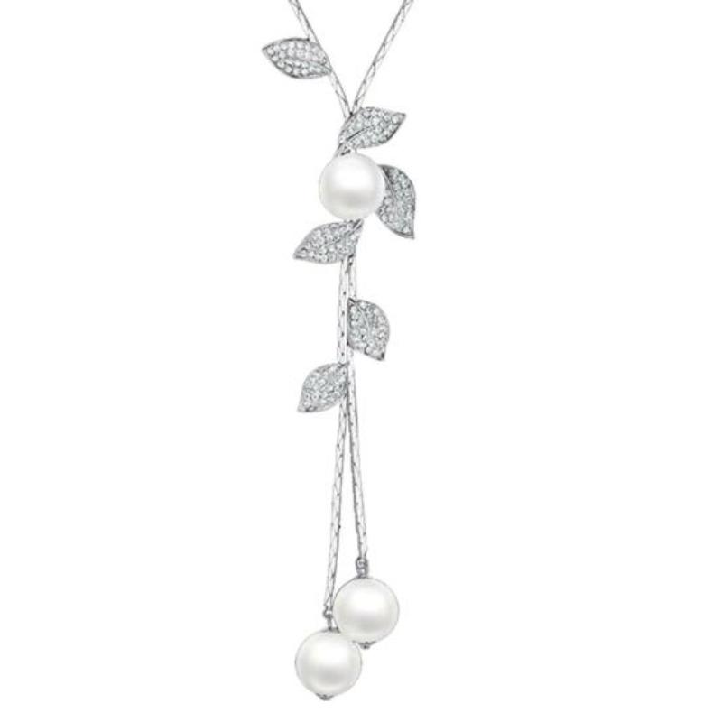 Ladies Fashion Faux Pearl Tassel Leaves Pendant Long Chain Sweater Necklace