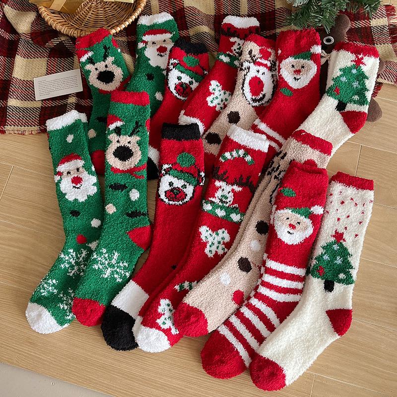 10Pair 24 Christmas Socks Women'S Coral Fleece Thickened Thermal Tube Socks Sleeping Socks Cartoon Half Fleece Floor Socks