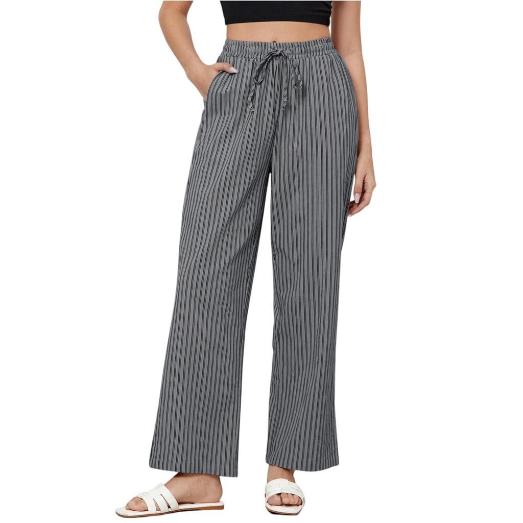 Striped Pants For Women High Waisted Wide Leg Cotton Linen Trendy Beach Pull On Elastic Waist Casual Flowy Pants