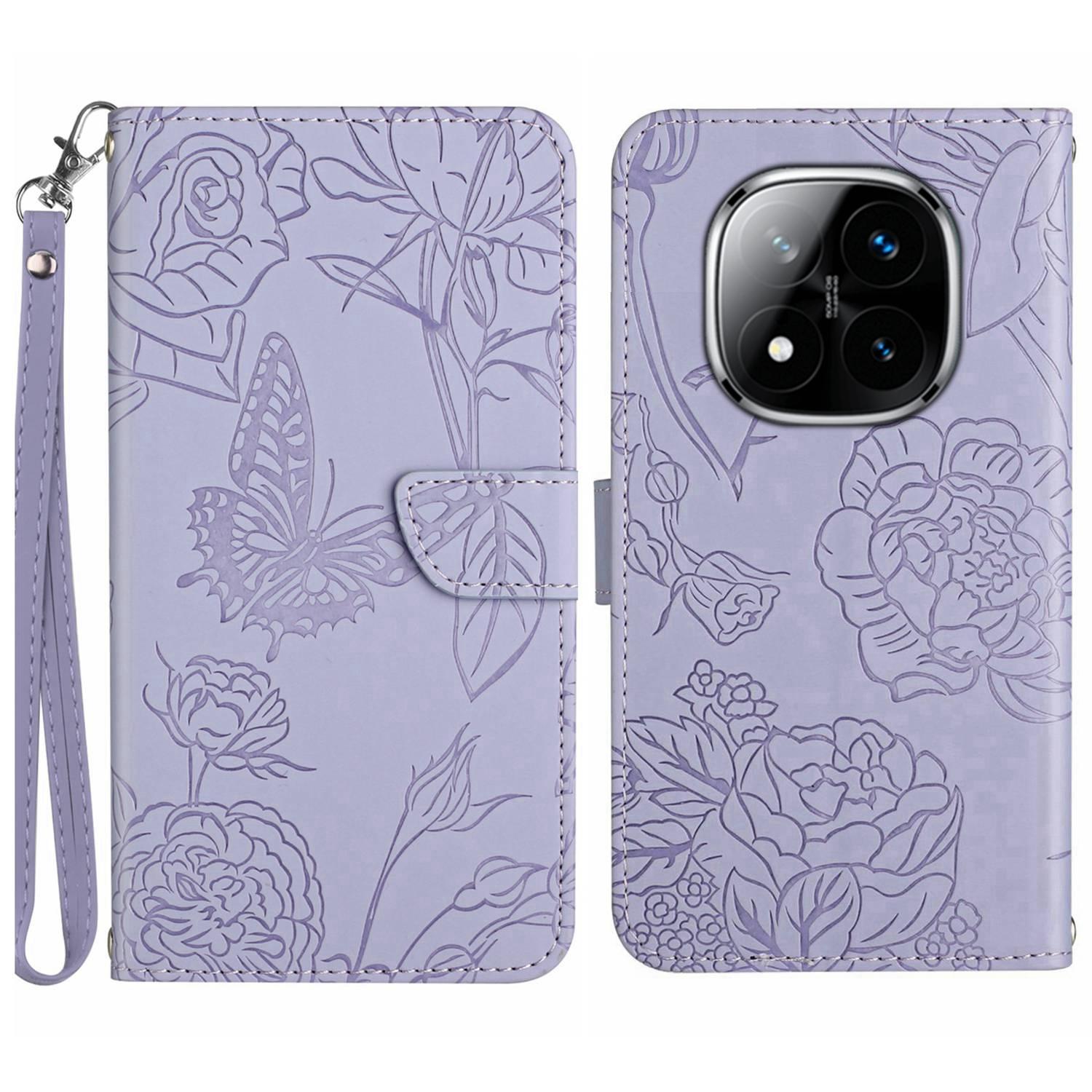 

Чехол для Xiaomi Redmi Note 14 Pro 4G Кожаный чехол для телефона с ремешком, с тиснением в виде бабочки и цветка Purple