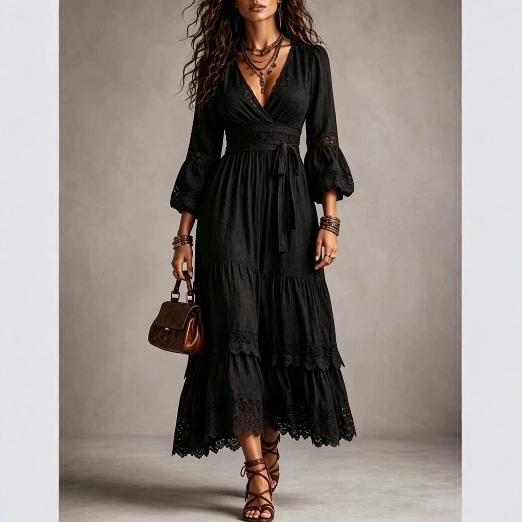 2026 Style de vacances européen et américain robe longue en coton et lin décolleté plongeant manches bouffantes dentelle ajourée dentelle dentelle sangle de taille combinaison mi-longue