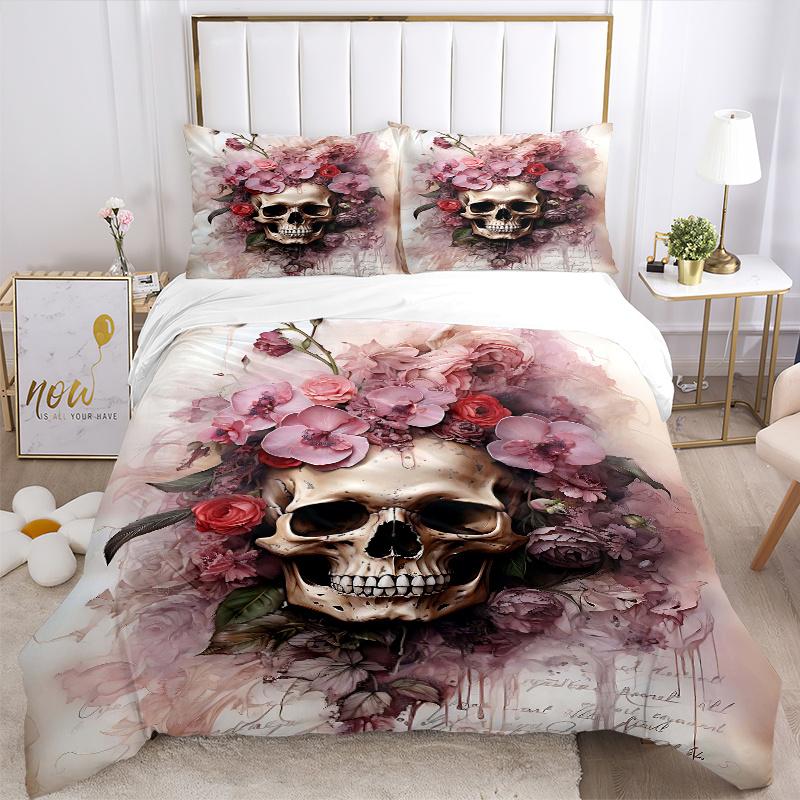 3pcs Skull & Blooms Quilt Set - Soft and Comfortable Bedroom, Guest Room and Dorm Decor Bedding Set 1 Quilt Cover + 2 Pillowcases.W080