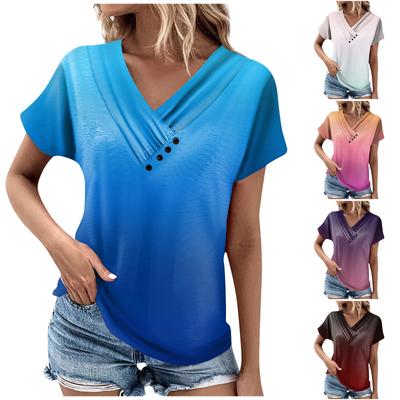 Γυναικείο Μοντέρνο Casual T-Shirt με V-λαιμόκοψη, Κοντό Μανίκι, Πλισέ, Τυπωτό, Κουμπωτό