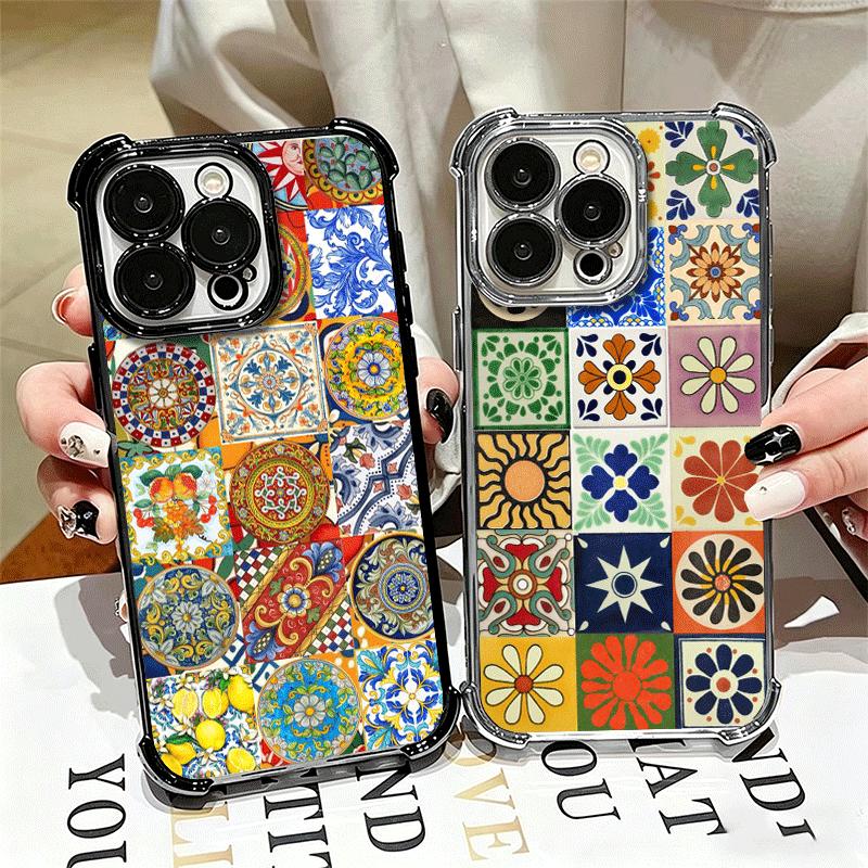 Italian Sicilian Style Floral Pattern Plating Phone Case For Iphone 16 17 Pro Max Air 16E 14 15 Plus 12 13 Mini Anti-Fall Airaba