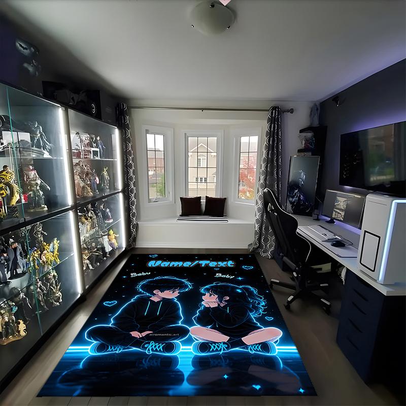1PC Custom Name "Neon Glow Romance" Theme Floor Mat Ideal for Living Room, Game Rooms, Office, Bedroom,Floor Mat Playful Design