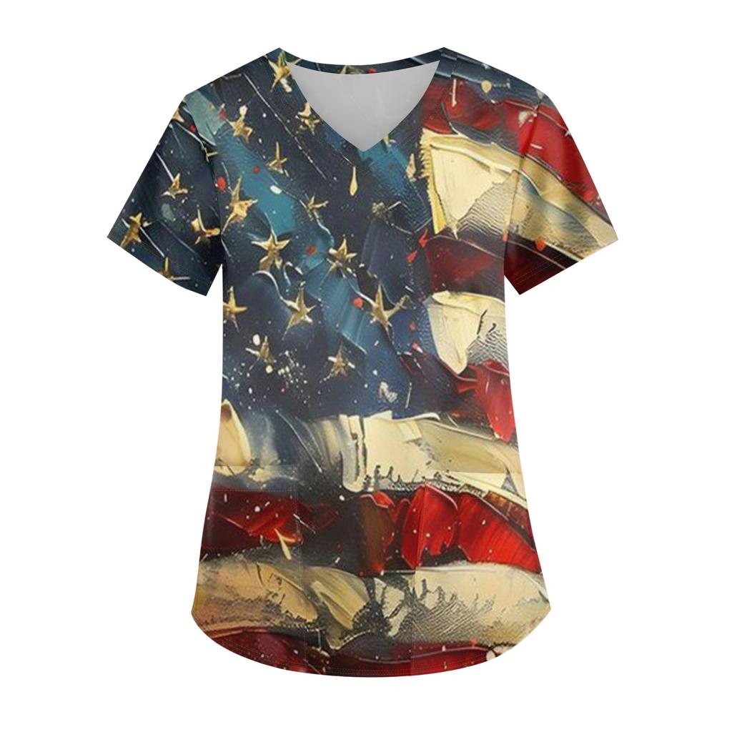 Ladies' Independence Day printed fashionable V-neck pocket short sleeved uniform and caregiver top
