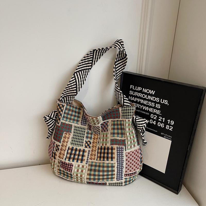 Color Block Tote Bag Women Print Plaid Shoulder Bag