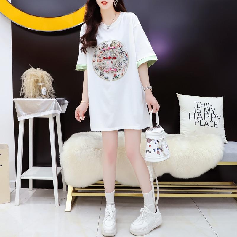 Women's Chinese Embroidery Short-sleeved T-shirt Women's Summer Loose Fashion Show Thin Meat Cover Top