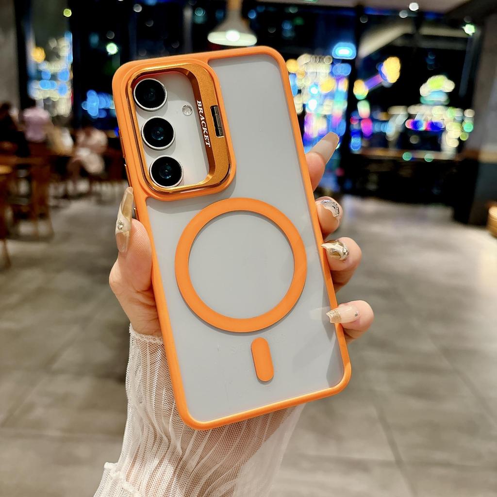 Solid Color Transparent Camera Len Stand Magnetic Charge Bumper Phone Case For Samsung Galaxy S25 Ultra S24 FE S23 Plus Soft Silicone Protection Cover