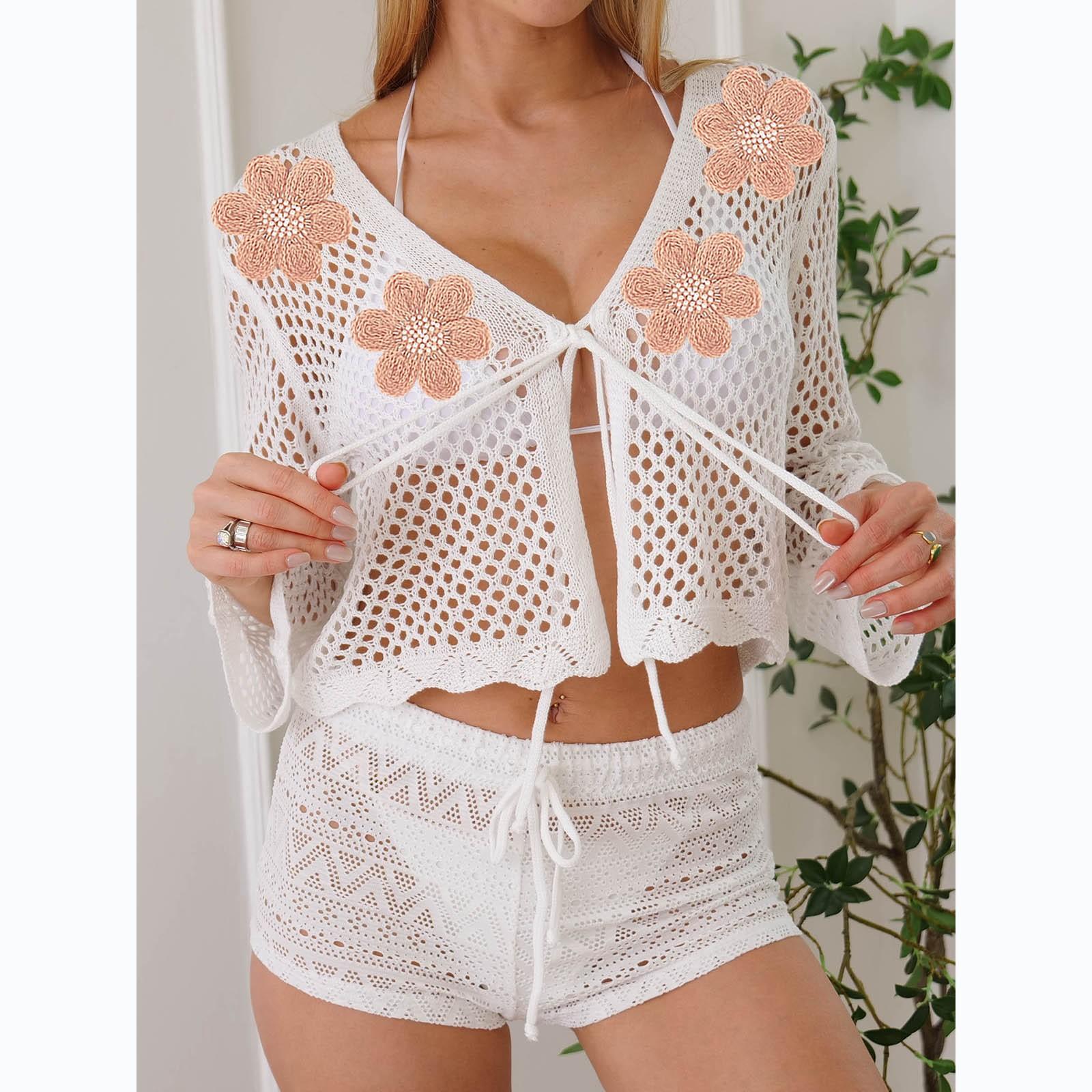 

Женское свободное повседневное пляжное бикини с короткими рукавами и кисточками в стиле пэчворк для отдыха One Size белый