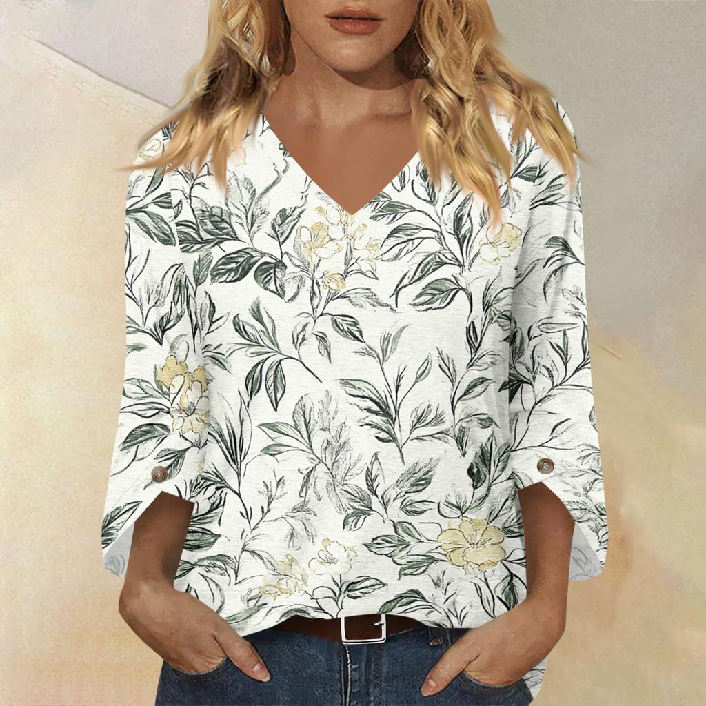 Womens V Neck Three Quarter Sleeve Floral Print Casual Loose Fit Top Comfortable Lightweight Blouse for Daily Wear Office and Travel