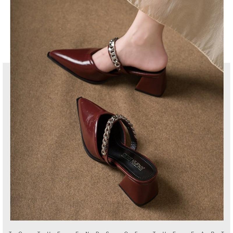 

Летние новые босоножки баотоу с острым носком и мелким вырезом, металлическая цепочка, ремешок через подъем, противоскользящая подошва для улицы, квадратный каблук, высокие каблуки 34 бордовый