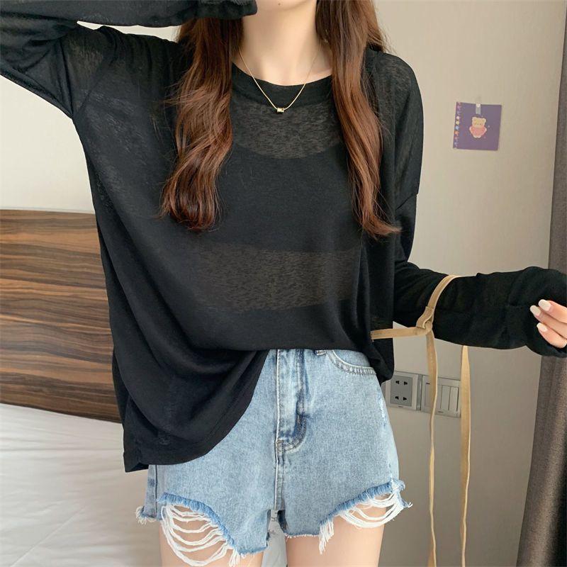 Mesh Sunscreen Clothing Long Sleeved T-shirt Cover Women's Summer Thin Fairy Tops Ladies Korean Casual Bottom Shirt Loose Blouse