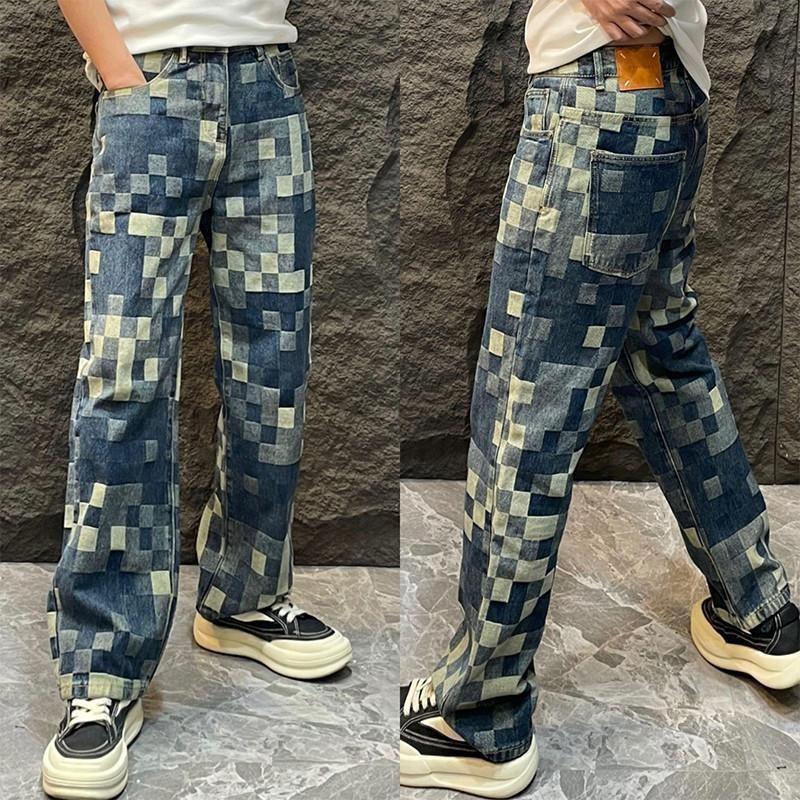 JYL Мужские Клетчатые Джинсы Зимние Хай-Стрит Мода Прямые Повседневные Джинсовые Брюки 3XL бездна