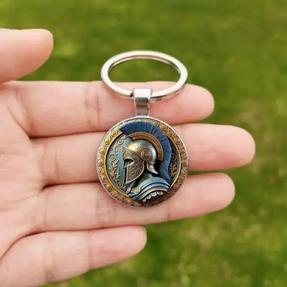 Exquisite Retro Roman Warrior Helmet Pattern Glass Pendant Key Chains for Men Women Creative Bag Pendant Jewelry Accessory Gifts