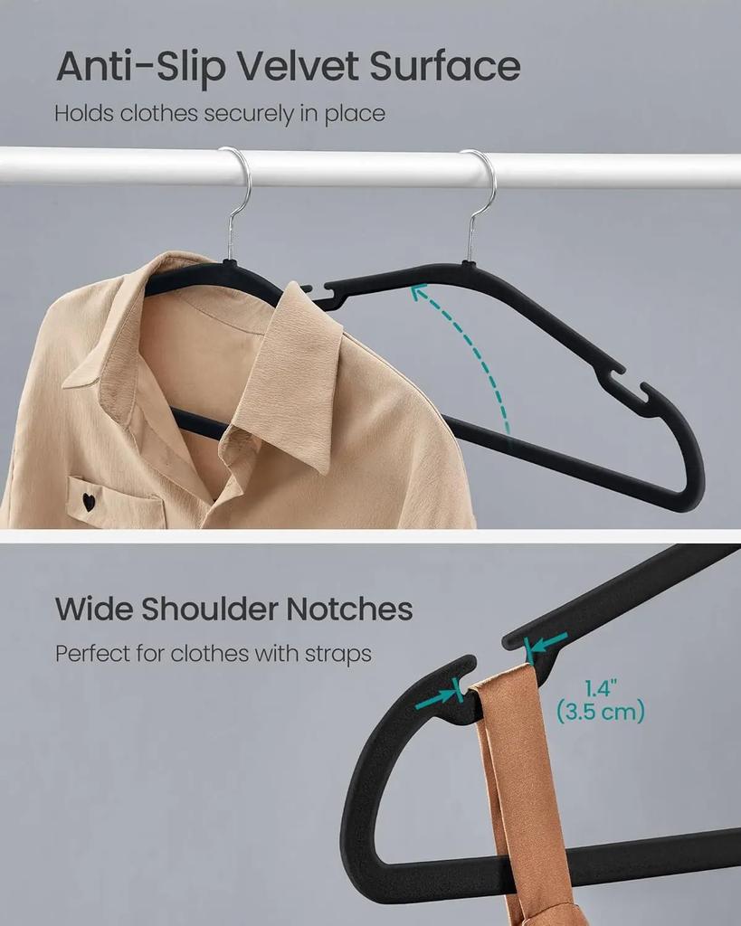 Velvet Hangers 50 Pack, Non-Slip Clothes Hangers, 17 X 8.3 Inches, Coat Hangers with Wide Shoulder Notches, Pants Bar
