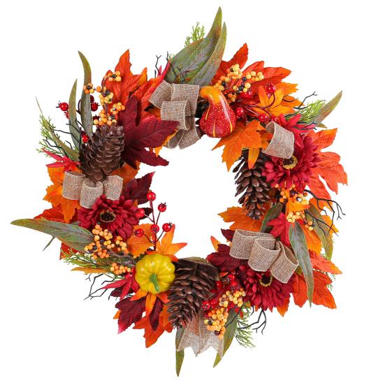 Artificial Fall Wreath 18 Inch Autumn Front Door Wreath with Sunflower Pumpkin Berries Pine Cones for Wall Window Thanksgiving Harvest Decor