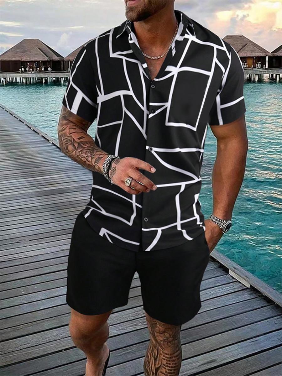Sommer Alltags Herren Kurzarmhemd Street Fashion Strandshorts Patchwork Gestreifter Druck Herren Freizeithemd und Shorts Set 2XL gray