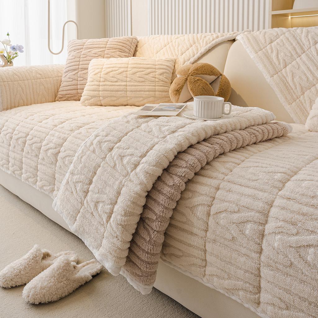 Shu Cotton Jacquard Fleece Sofa Cushion  New Straight Row Plush Seat Cushion Non-Slip Leather Sofa Cover Cross-Border