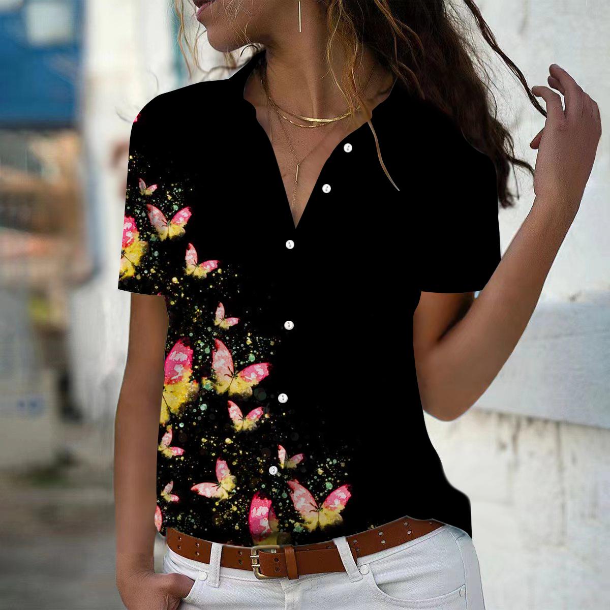 

2025 Summer New Fashion Women s Butterfly Printed Short Sleeve V-neck Casual Button-down Shirt Top 8XL помаранчевий
