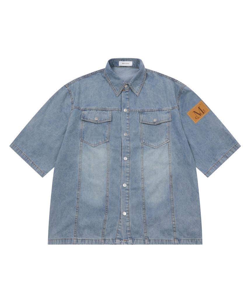 MUCENT Nerve Back Lettering Rolled-Up Denim Short Sleeve Shirt Unisex (2 Colors)