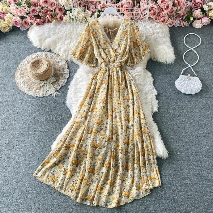 Women Summer Floral V Neck Long Dress High Waist Ruched A Line Short Sleeve